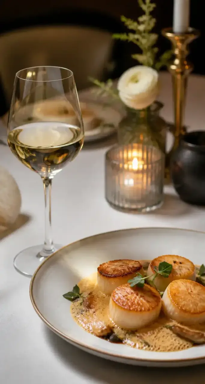 Noix de Saint-Jacques po&ecirc;l&eacute;es servies avec un verre de vin blanc
