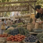 cotignac marché : étals sous les platanes sur le cours Gambetta