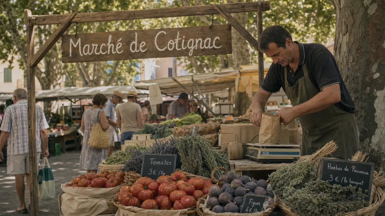 cotignac marché : étals sous les platanes sur le cours Gambetta