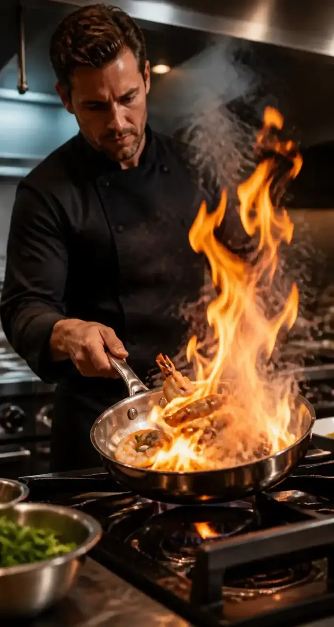 Cuisinier flambant des crevettes royales &agrave; la po&ecirc;le dans une cuisine professionnelle