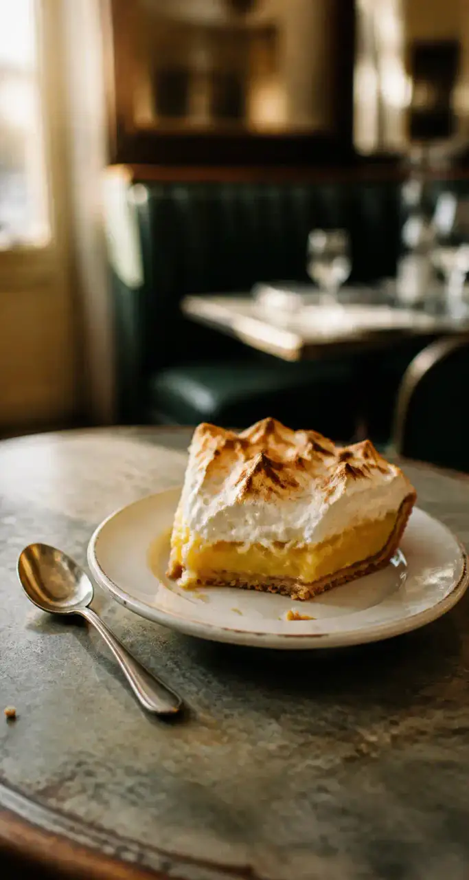 Part de tarte au citron meringu&eacute;e pos&eacute;e sur le comptoir en zinc d&rsquo;une brasserie