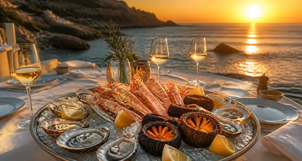 Plateau de fruits de mer servi en terrasse face &agrave; la M&eacute;diterran&eacute;e au coucher du soleil