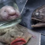 Poissons moche : blobfish, poisson ogre et lotte (poisson chauve-souris) sur fond sombre