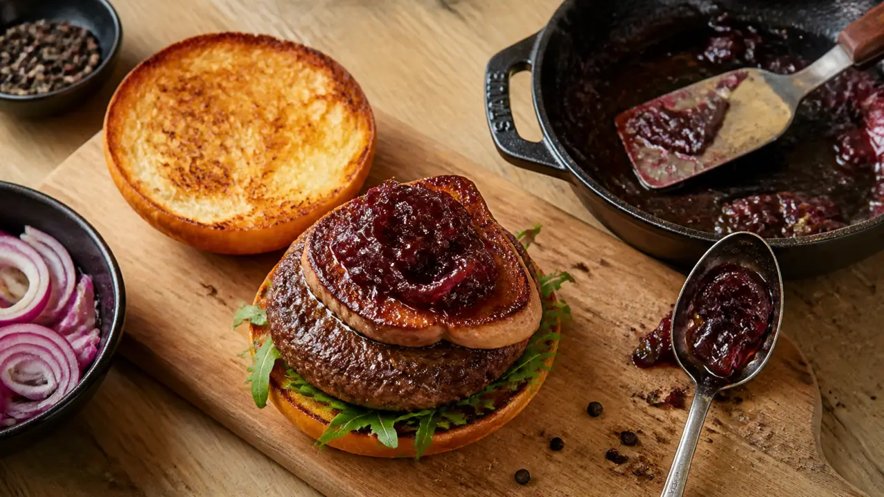 Burger rossini maison : foie gras poêlé et oignon confit
