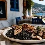 Croatie gastronomie : crni rižot noir et calamars, bord de l’Adriatique