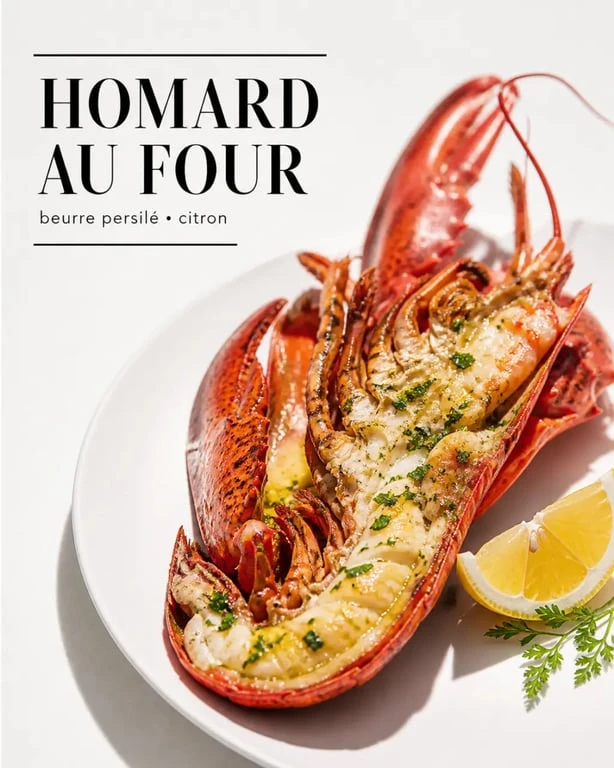 Cuisson homard au four : homard coupé en deux au beurre persillé sur assiette