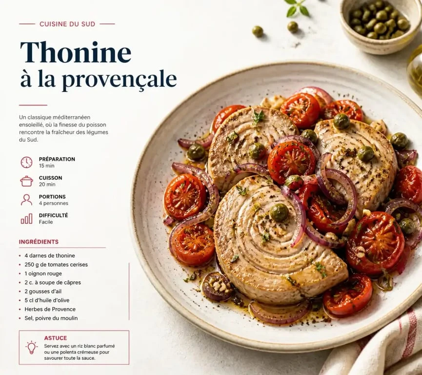 Recette de thonine à la provençale dressée sur une assiette
