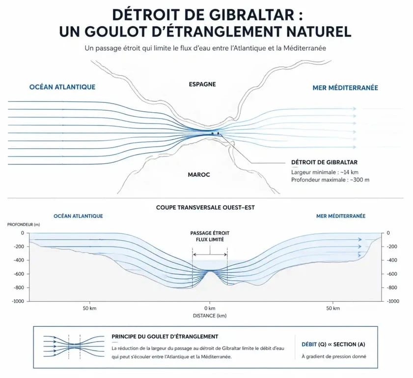 Le détroit de Gibraltar agissant comme un goulot d'étranglement pour les marées