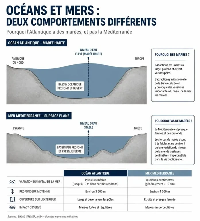 Comparaison graphique entre les marées de l'océan Atlantique et l'absence de marée en Méditerranée