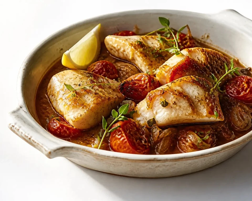 Recette congre au four servi dans un plat, avec légumes et citron