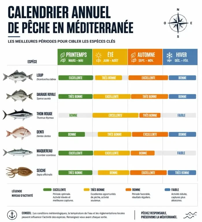 Calendrier de pêche en mer Méditerranée par saison et espèces