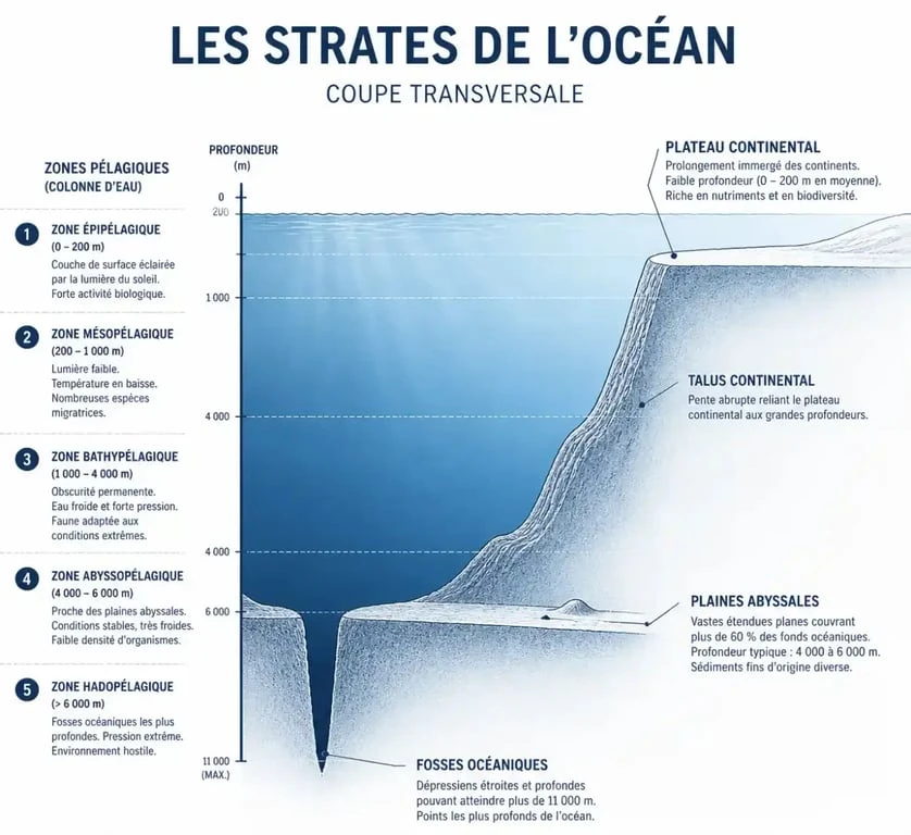 Coupe transversale des différents milieux de l'écosystème marin