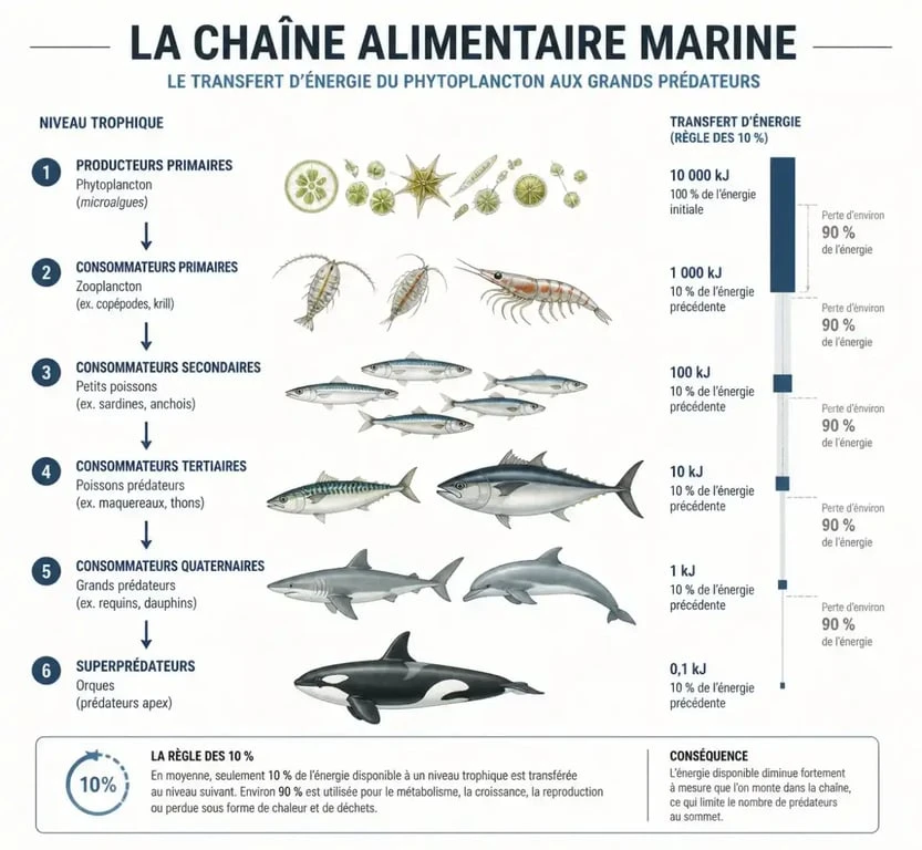 Schéma de la chaîne alimentaire dans un écosystème marin