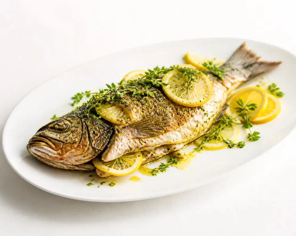 Recette du mérou au four citron et herbes sur assiette blanche