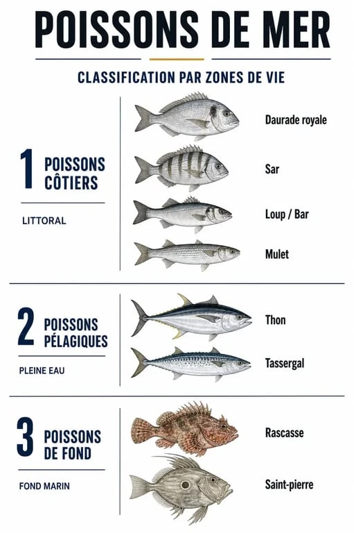 Poissons mer : infographie des espèces côtières, pélagiques et de fond avec leurs habitats