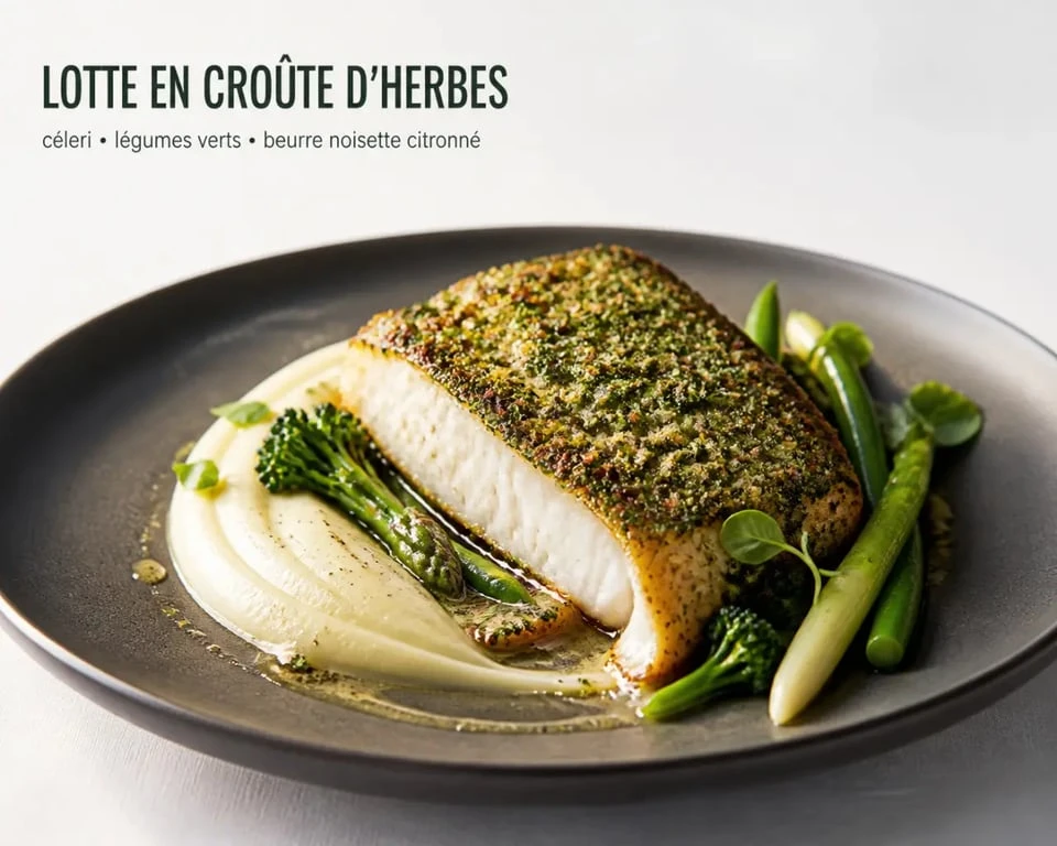 Recette poisson gastronomique de lotte en croûte d’herbes dressée en assiette élégante