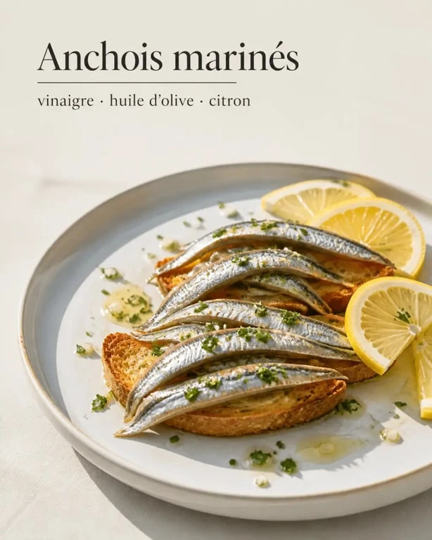 Recette anchois frais marinés servis sur pain grillé avec citron et huile d’olive