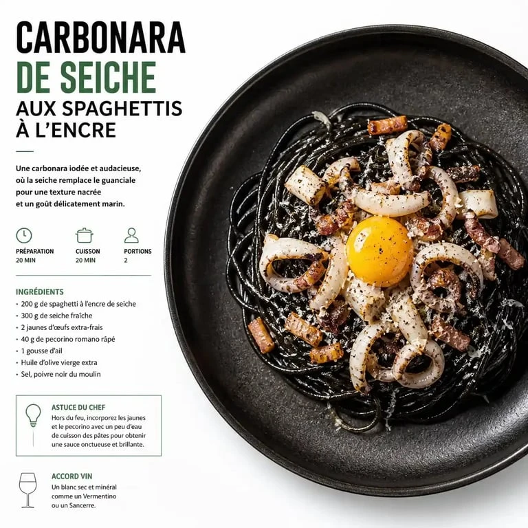Carbonara de seiche aux spaghettis à l'encre, une recette raffinée de poisson seiche