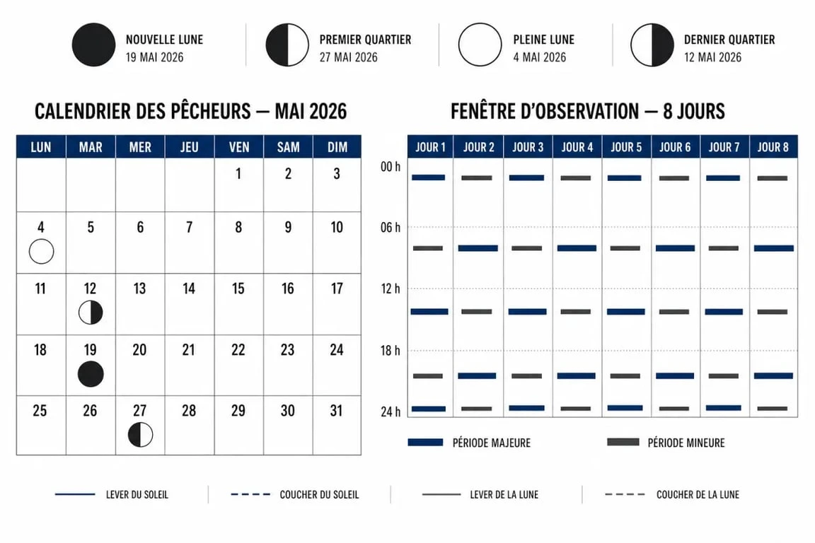 Calendrier des pêcheurs illustré avec phases lunaires, créneaux horaires et vue mensuelle