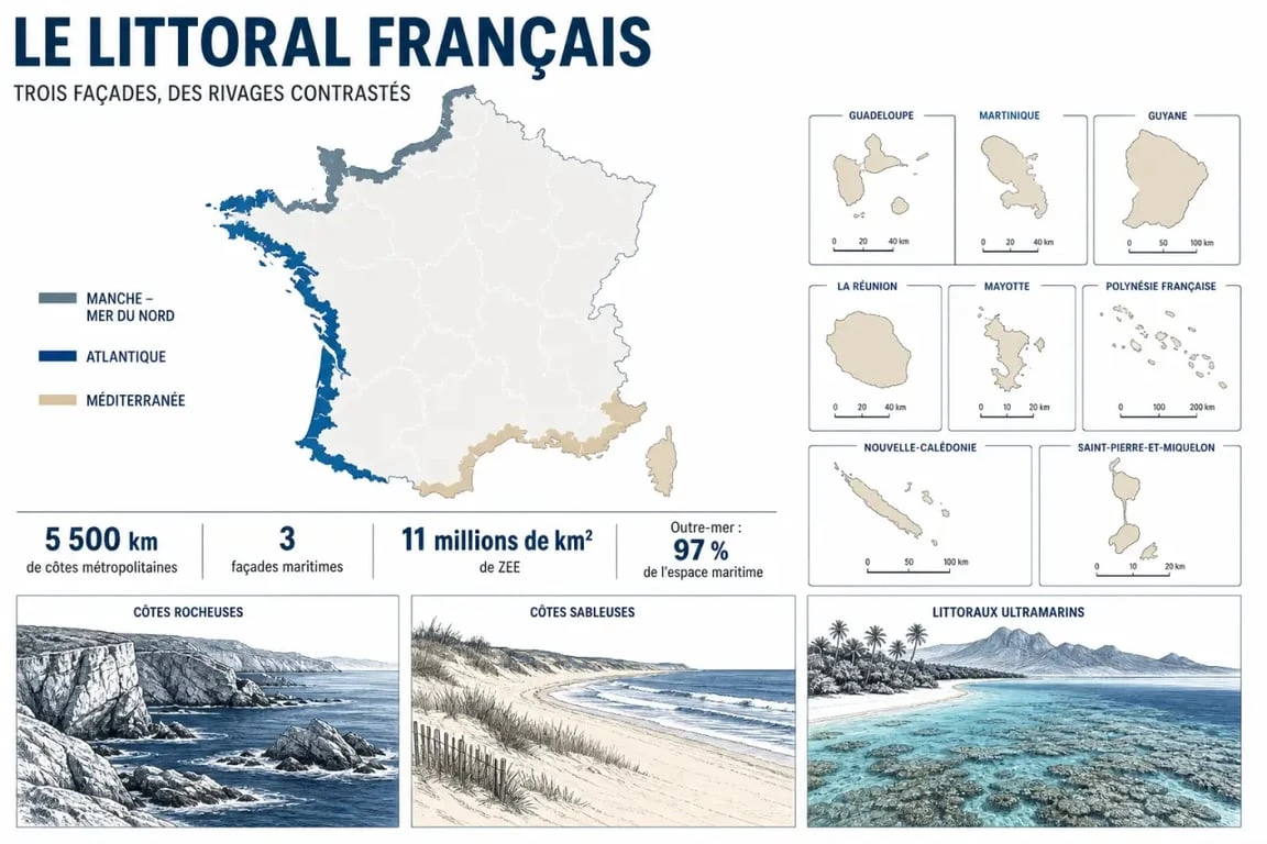 Littoral français : carte éditoriale des façades maritimes, des côtes rocheuses, sableuses et ultramarines