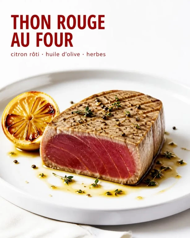 Recette thon rouge au four servie en assiette avec citron et herbes