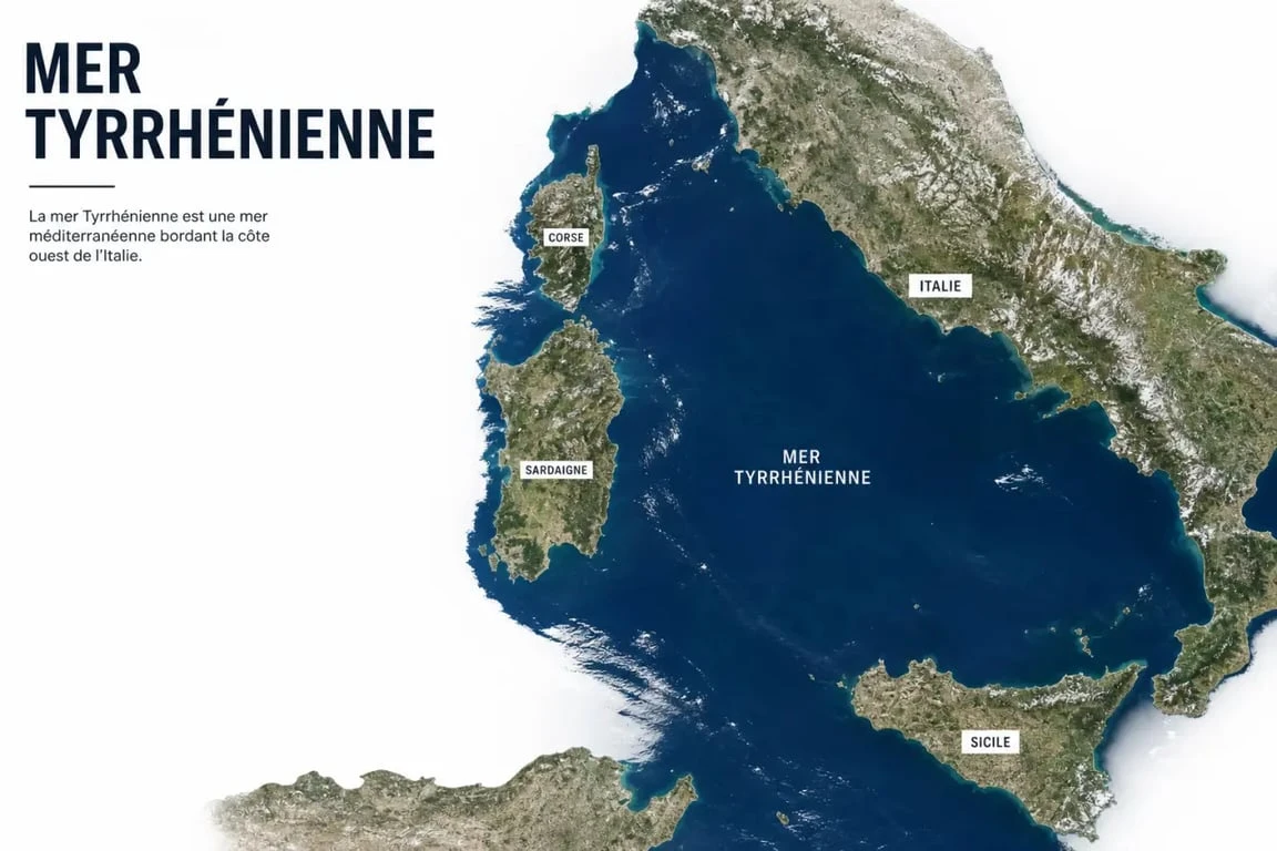 Vue aérienne de la mer tyrrhénienne entre l’Italie, la Corse, la Sardaigne et la Sicile