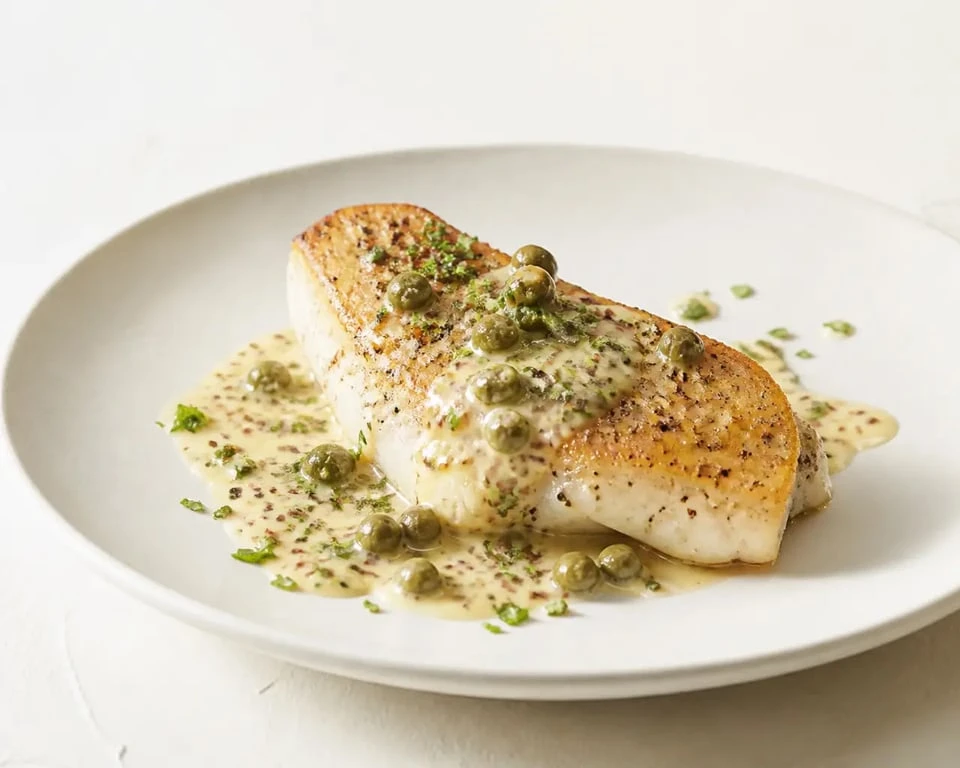 Cuisson poisson julienne servie à la poêle avec sauce moutarde, câpres et persil