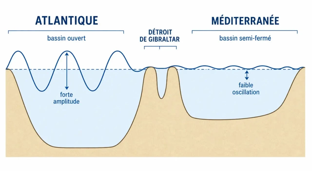 Méditerranée marée : comparaison visuelle entre faible marnage en Méditerranée et fortes marées atlantiques