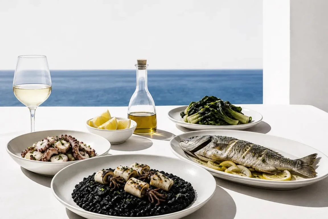 Gastronomie croate de la côte adriatique avec crni rižot, poulpe et calamars