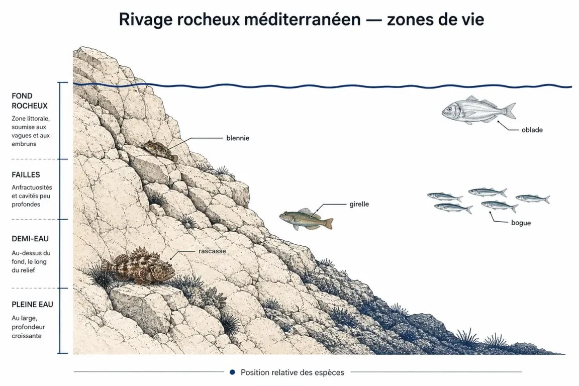 Poissons de roches mediterranee : schéma des zones de vie sur un rivage rocheux