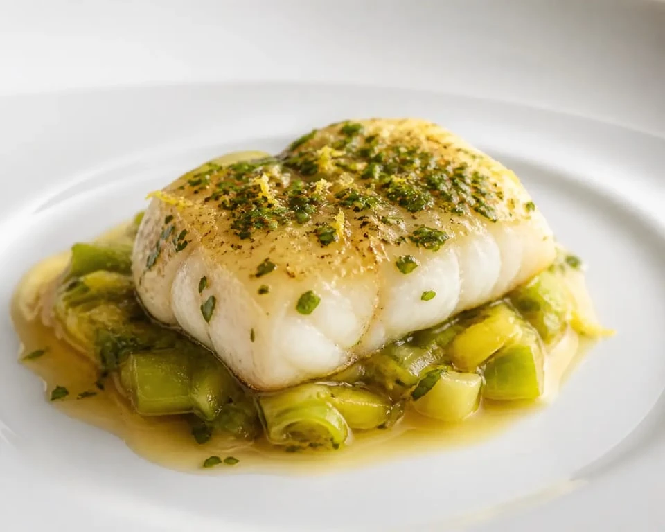 Plat gastronomique poisson : dos de cabillaud aux poireaux fondants et beurre noisette citronné
