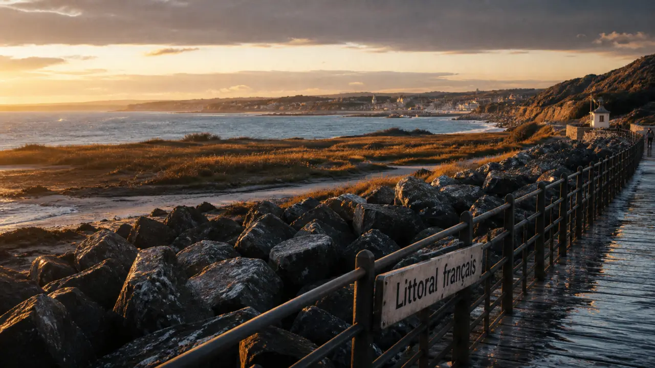 Littoral français : côtes françaises, rochers et promenade côtière au coucher du soleil