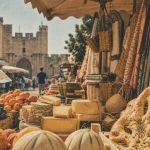 Marché Aigues-Mortes : étals sur l’avenue Frédéric Mistral, fruits et fromages