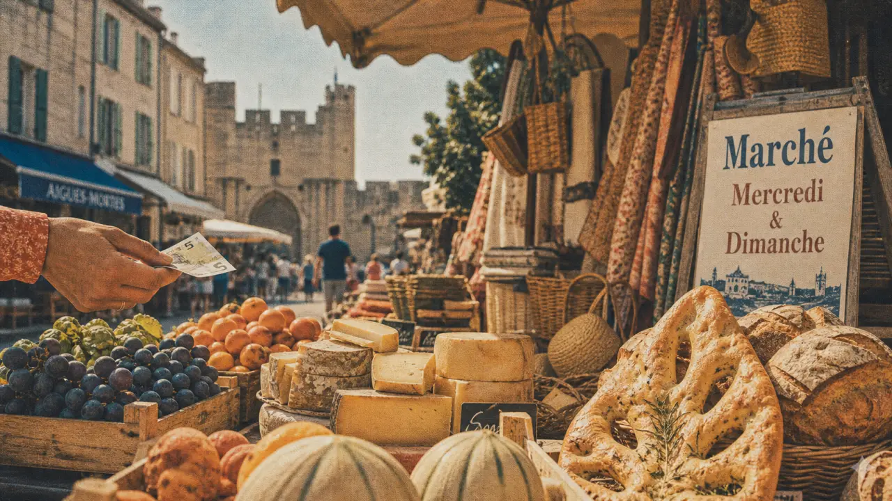 Marché Aigues-Mortes : étals sur l’avenue Frédéric Mistral, fruits et fromages