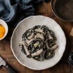 Poisson seiche : carbonara à l’encre de seiche, émulsion crémeuse