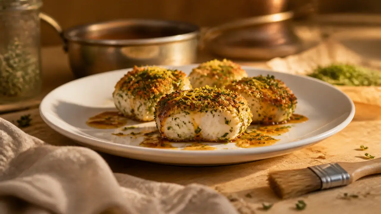 Recette poisson gastronomique : lotte en croûte d’herbes, dorée et tendre