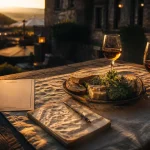 Restaurant occitanie : table de terrasse en golden hour