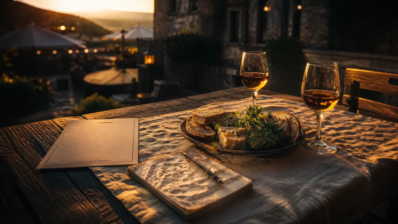 Restaurant occitanie : table de terrasse en golden hour