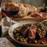 Vin gaillac rouge accompagnement côte de bœuf et champignons, verre et bouteille sur table en bois