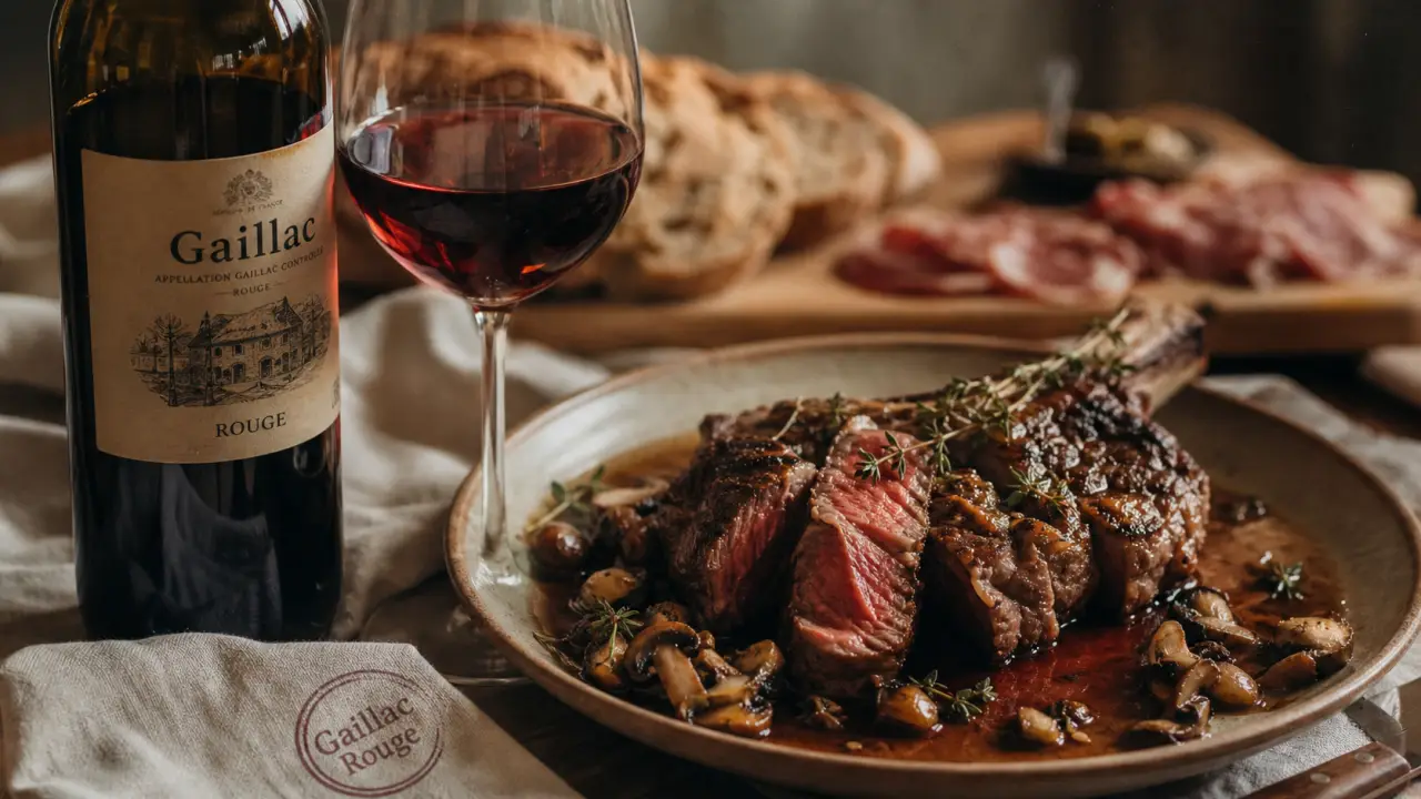 Vin gaillac rouge accompagnement côte de bœuf et champignons, verre et bouteille sur table en bois
