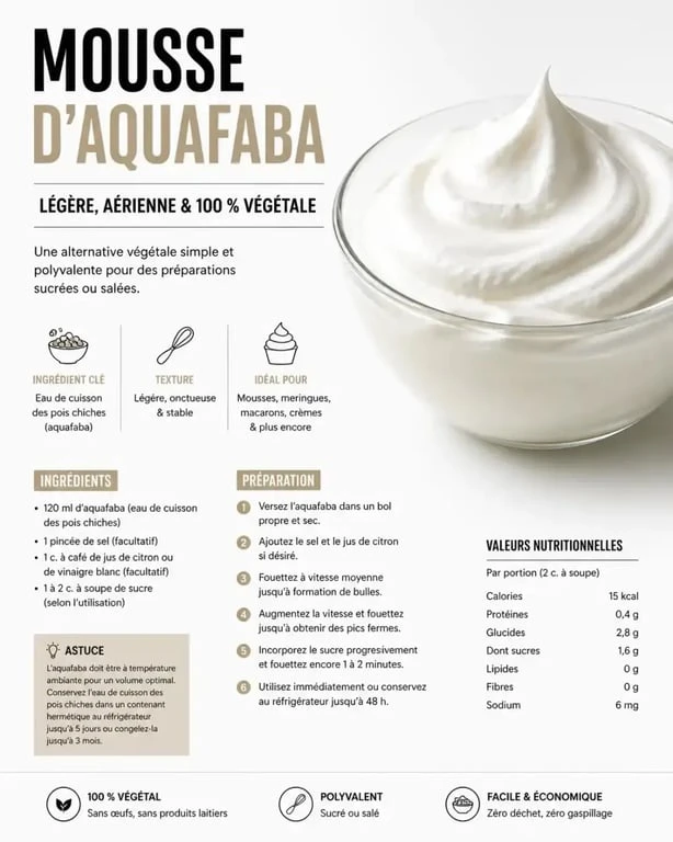 Utilisation de l'aquafaba pour réaliser des mousses légères après la préparation des pois chiches.