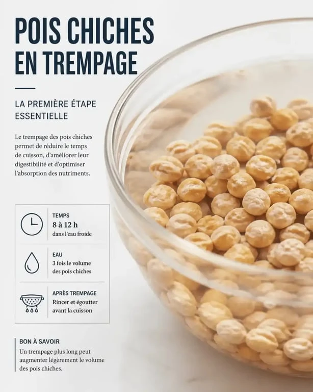 Préparation pois chiche : trempage des graines sèches dans l'eau.