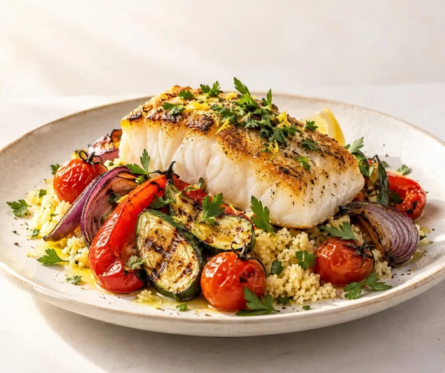Légumes qui accompagnent le poisson : cabillaud rôti avec légumes du soleil et semoule citronnée