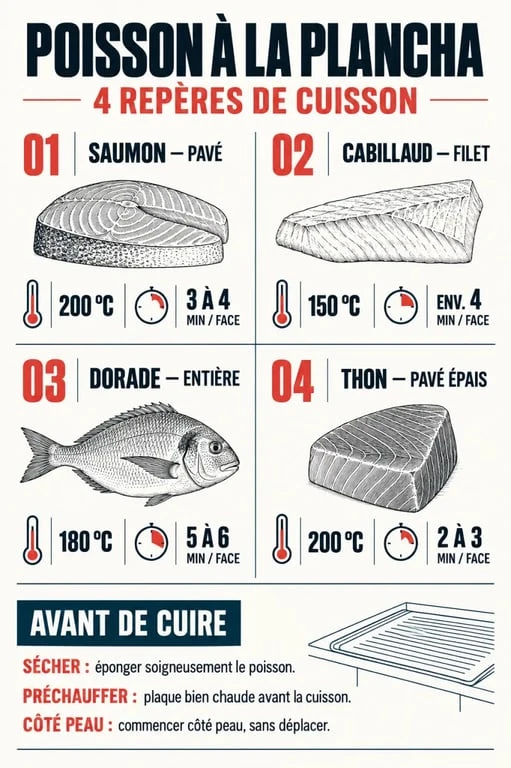 Infographie du poisson pour plancha avec températures et temps de cuisson