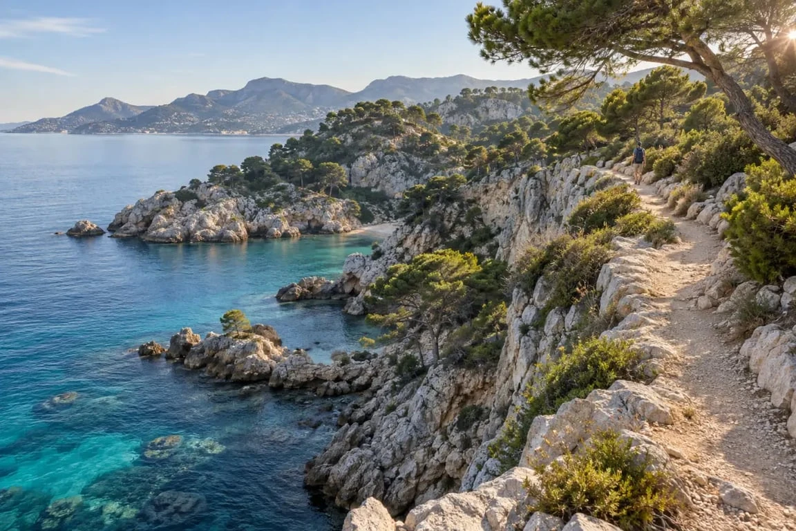 Tourisme Côte d’Azur sur un sentier côtier entre pins et criques