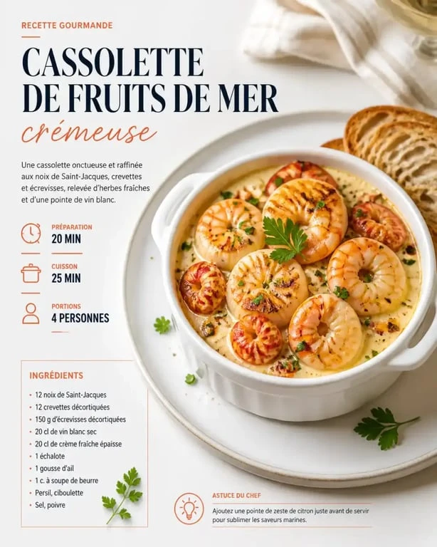 Recette de cassolette de fruits de mer onctueuse servie dans une assiette élégante