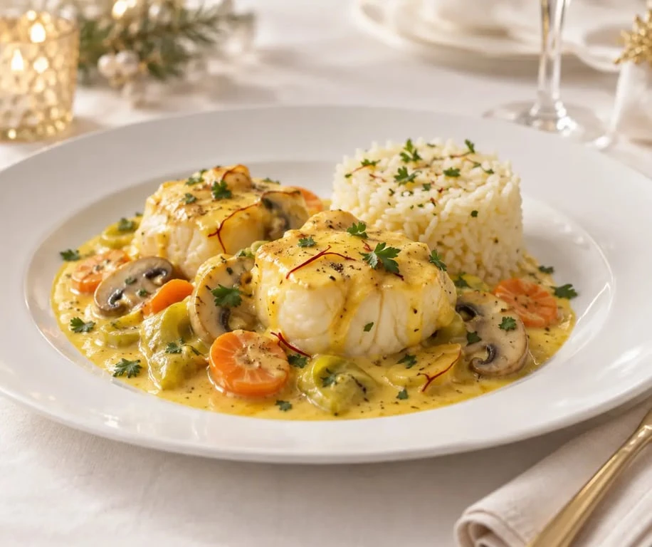 Recette de Noël poisson : blanquette de lotte au safran dressée avec ses légumes