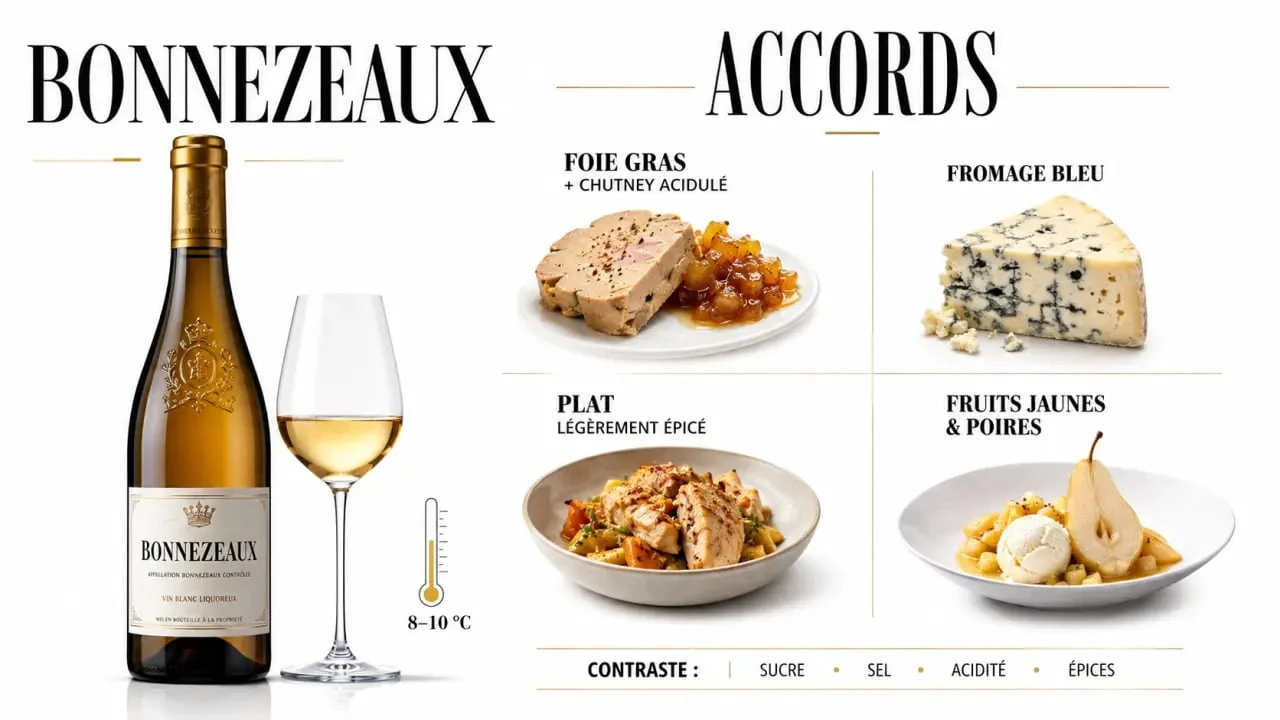 Bonnezeaux accord mets vins : foie gras, fromage bleu, plats épicés et desserts aux fruits