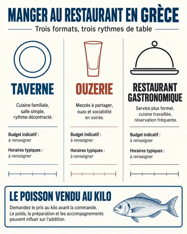 Infographie sur les types de restaurant en Grèce, les budgets et les horaires