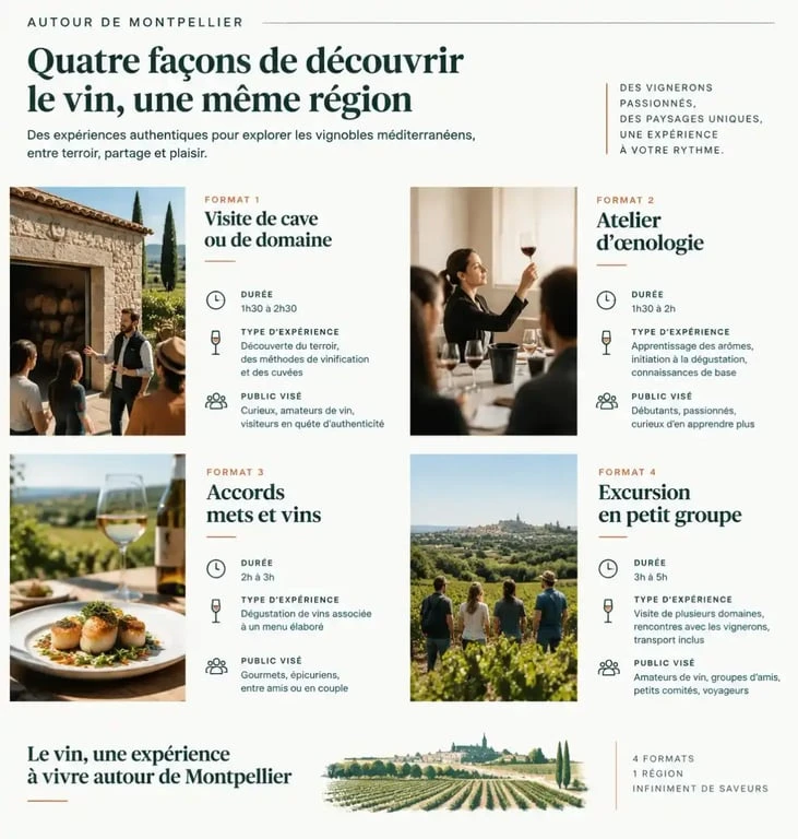 Dégustation de vin Montpellier : formats de visite, atelier, accords mets et vins et excursion